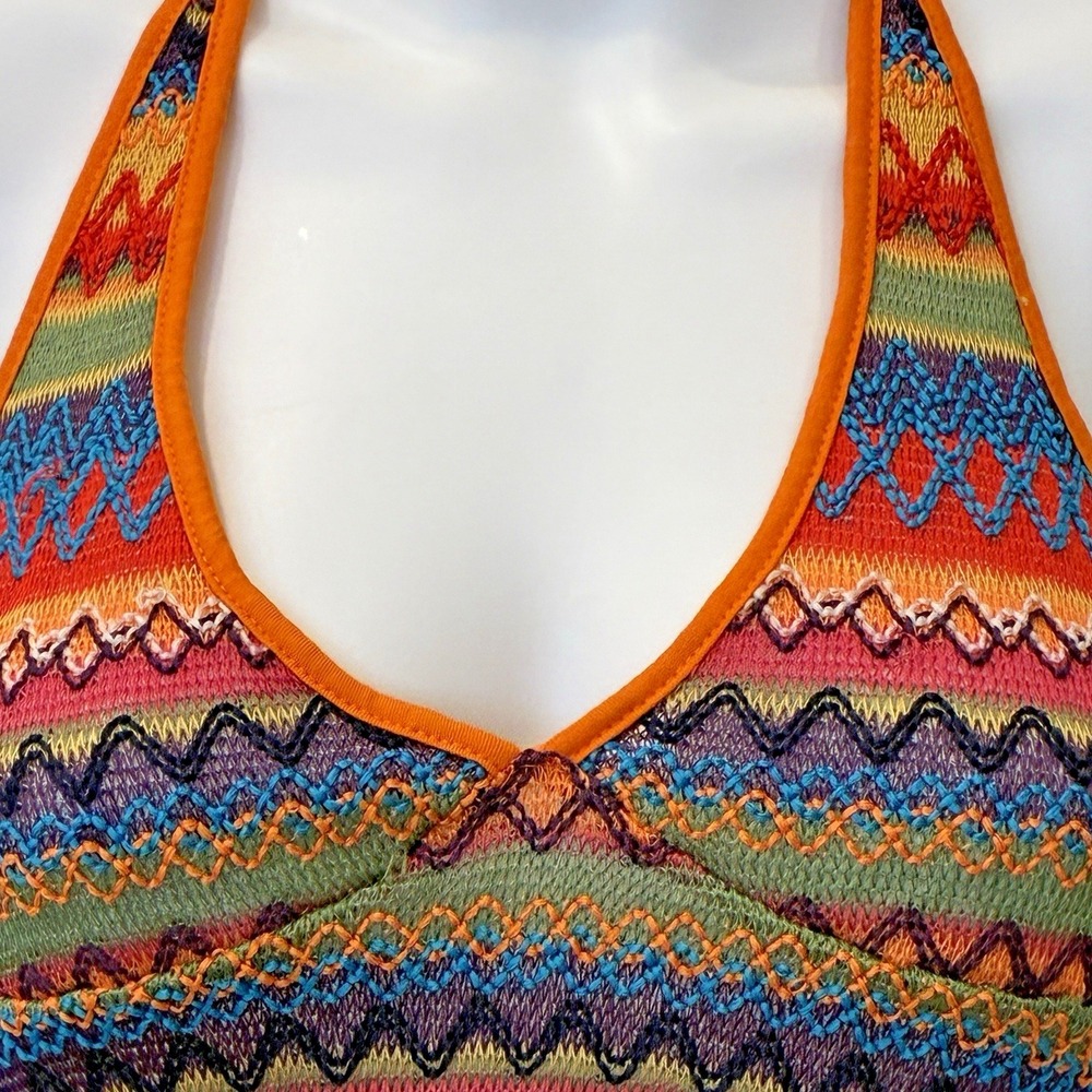 Womens Colorful Knit Crop Halter Top Size S Coastal Beach Boho Hippie Festival - Picture 2 of 7